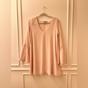 Lulu's Soft Pink V Neck Dress. Long Bell Sleeves.